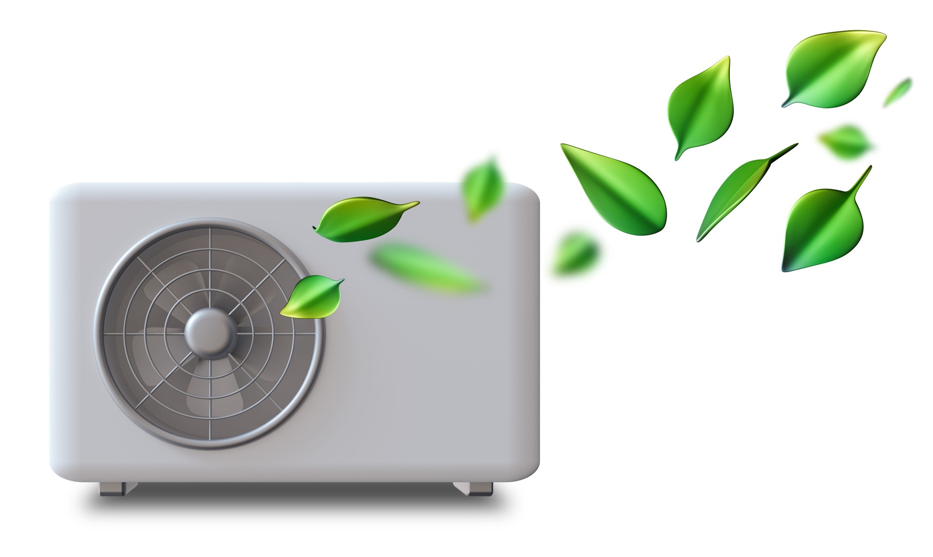 White air source heat pump features a sleek and modern design, highlighting its energy efficiency. This 3D render emphasizes eco-friendly performance suitable for homes and businesses